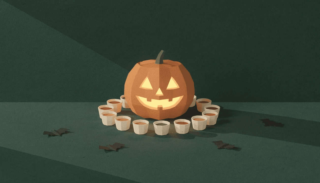 A glowing carved jack-o-lantern on a green table ringed by small cups, with paper bats scattered around it