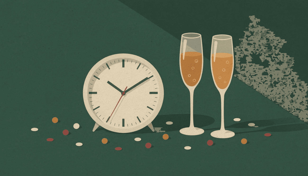 A cream clock face showing almost midnight beside two champagne flutes, with confetti dots on a green table