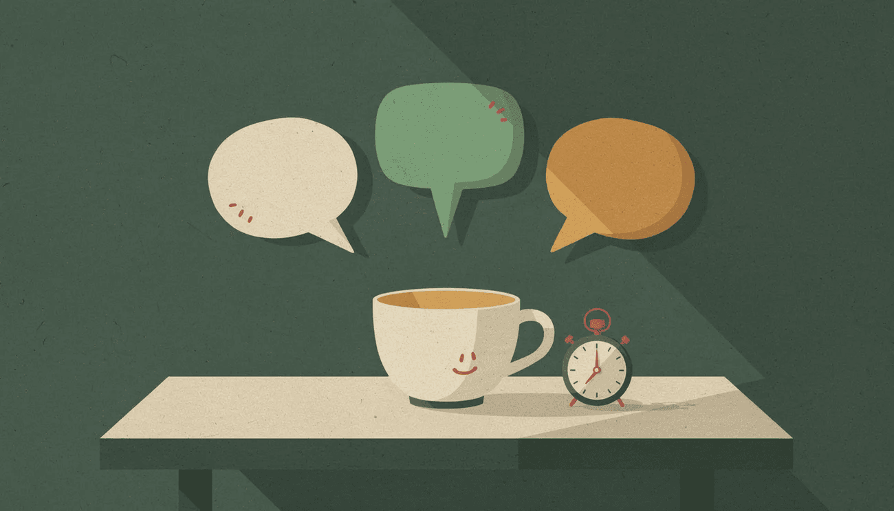 Three empty speech bubbles floating above a cup and a small stopwatch on a table