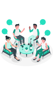 Illustration of four people sitting around a table chatting and drinking